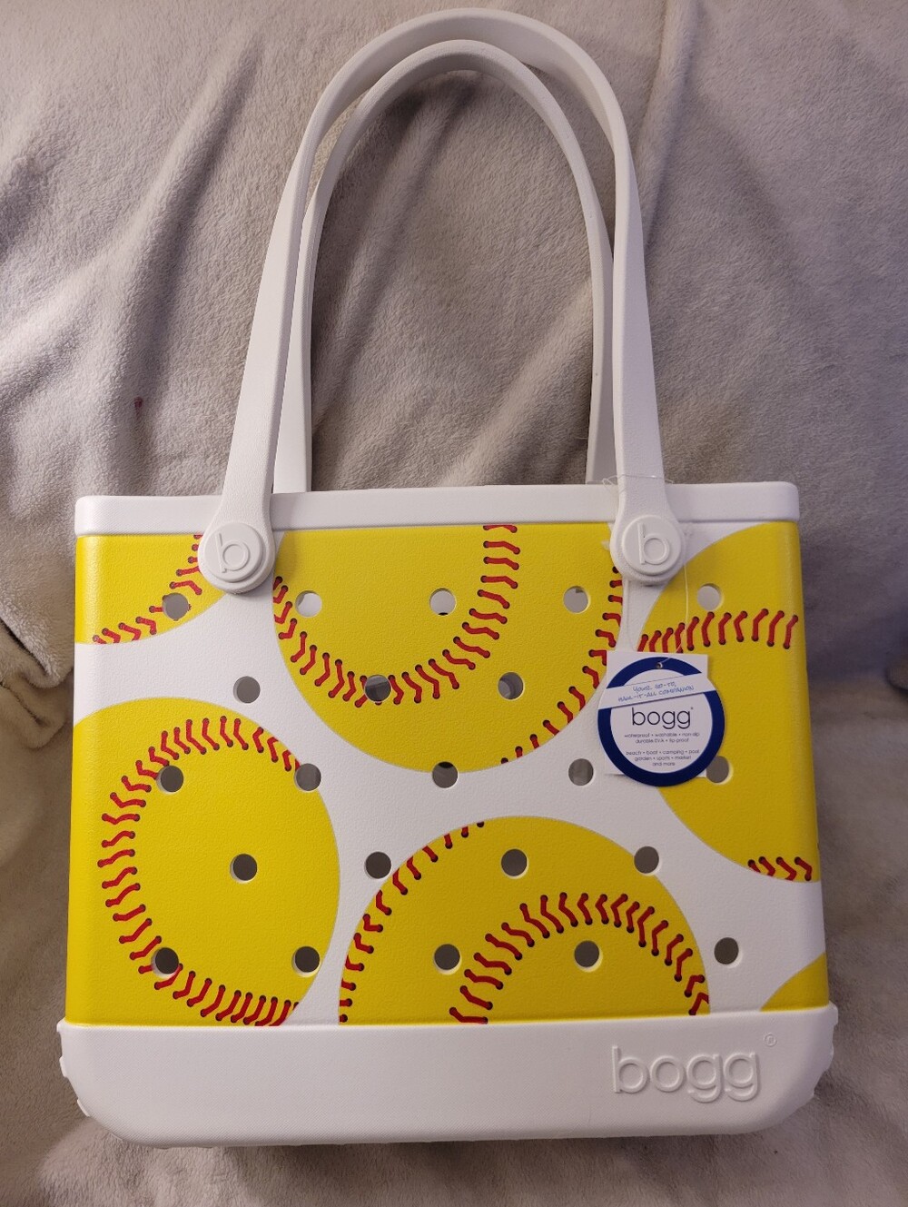 Baby (Medium) Bogg Bag Tote - Yellow Softball Print with White Trim. Dicontinued